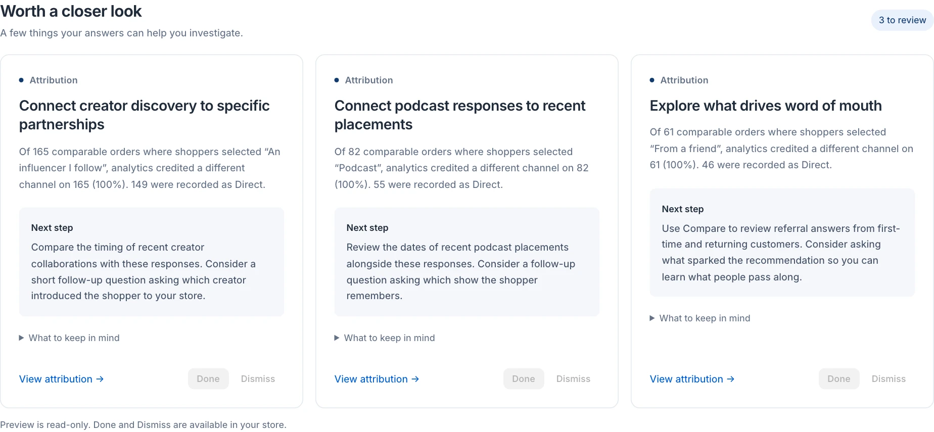 Firsthand's recommendations show the responses behind a finding, a suggested next step, and a link to check the attribution evidence.